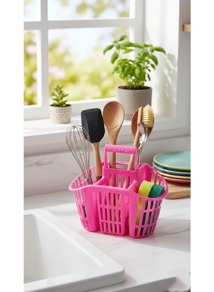 3-Compartment Plastic Cutlery Drainer & Utensil Holder - Kitchen Caddy with Safety Knife Slots & Carry Handle - Fast Drying Design - Pink (Fuchsia) - Image 4